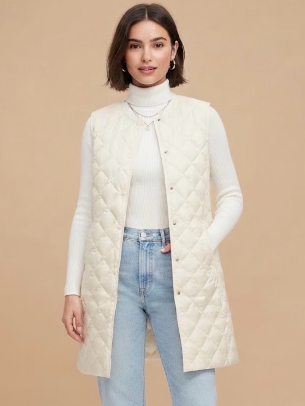 Uniqlo Quilted Sleeveless Long Vest - Cream better for Size Medium